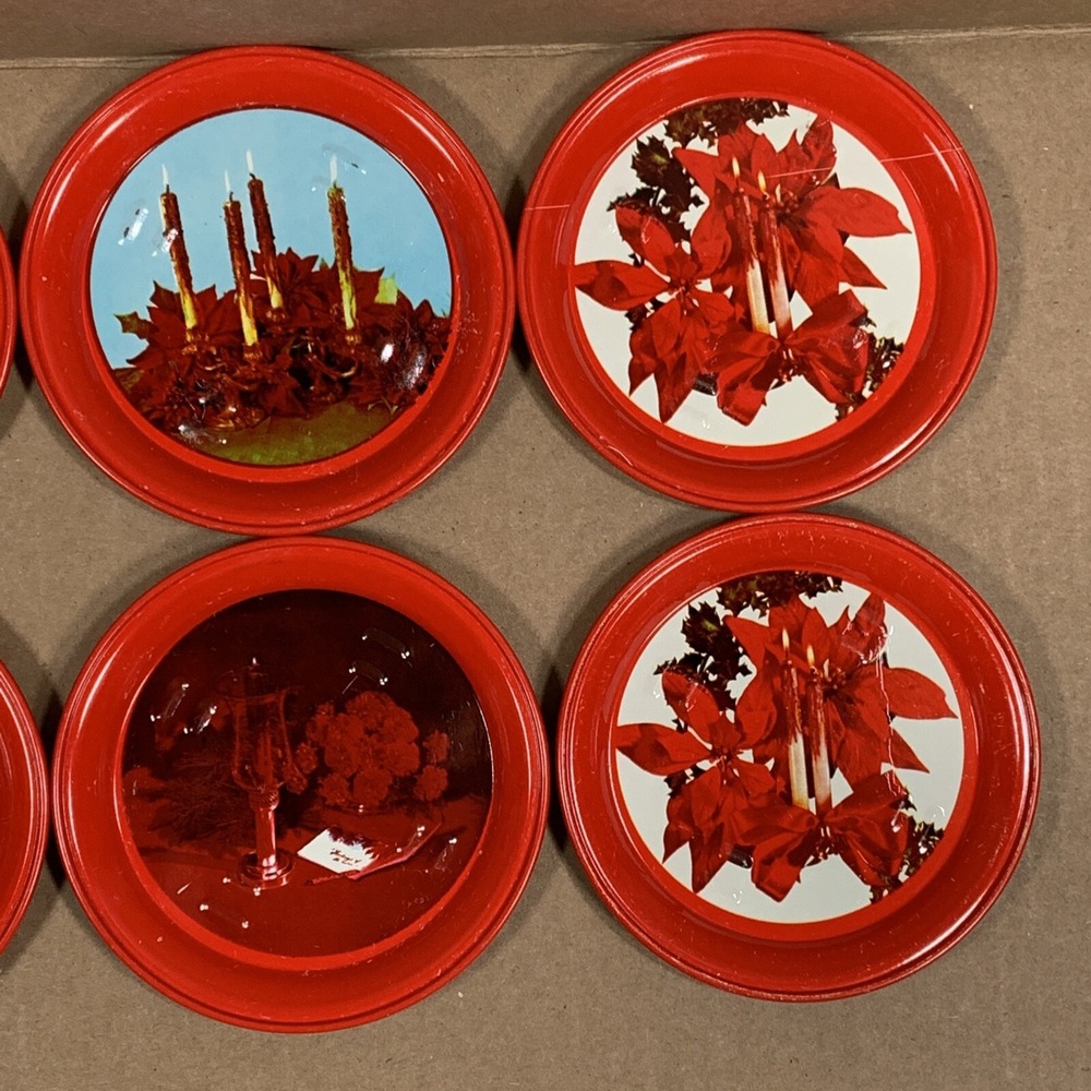 Vintage Christmas Coasters Set of 8 Red Holiday Poinsettia Candle Decor 1970s - Picture 4 of 11
